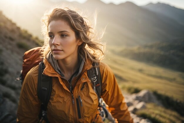 Foto eine frau in kletterkleidung mit sonnenlicht im hintergrund