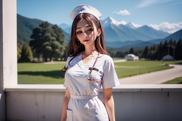Eine Frau in Krankenschwesteruniform steht vor einem Berg.