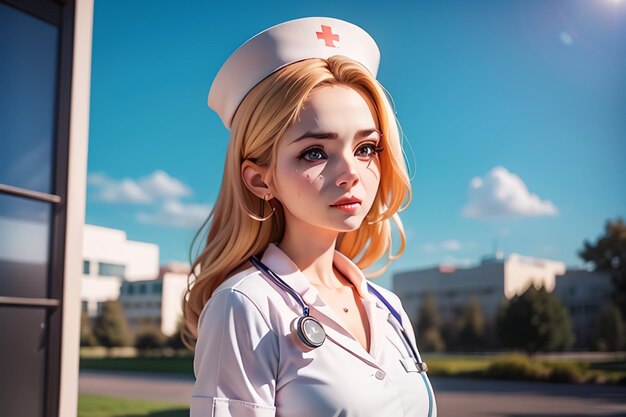 Foto eine frau in krankenschwesteruniform steht vor einer stadtlandschaft.