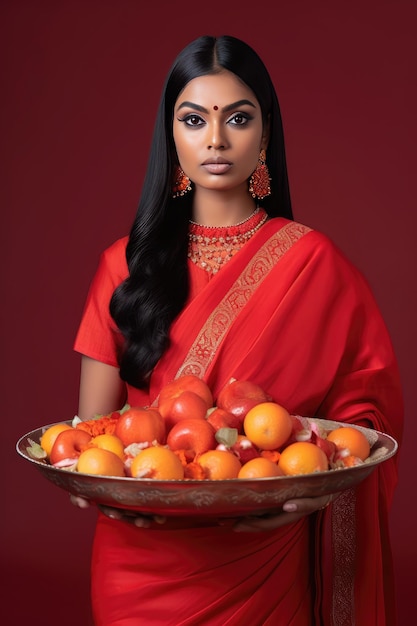 Eine Frau in kultureller Kleidung hält eine mit Früchten gefüllte Holzschale