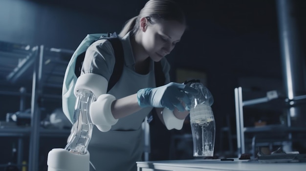 Eine Frau in Laborkittel und Handschuhen reinigt einen Glasbehälter mit einem blauen Handschuh.