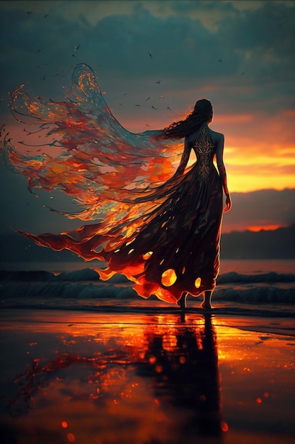 Eine Frau in langem Kleid mit fließender generativer Luft am Strand