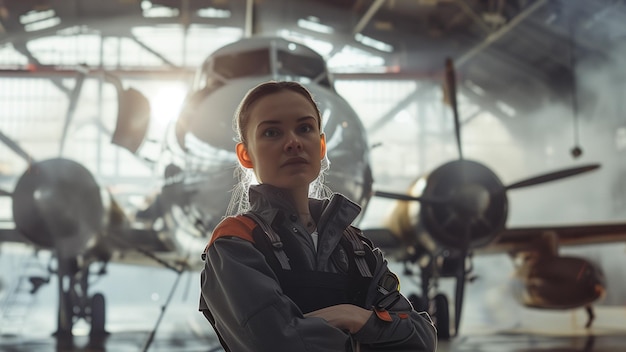 eine Frau in militärischer Uniform steht vor einem Flugzeug