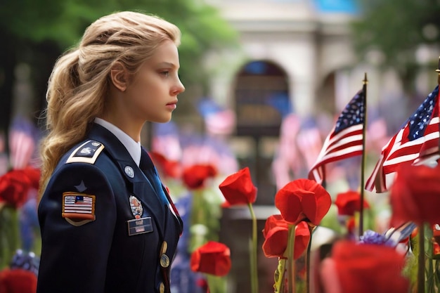 Foto eine frau in militärischer uniform steht vor einer reihe roter rosen