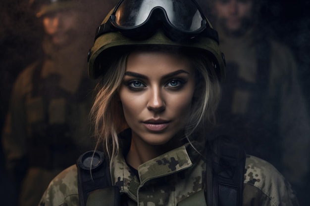 Eine Frau in Militäruniform mit Helm auf dem Kopf