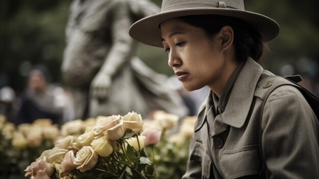 Eine Frau in Militäruniform sitzt vor einem Rosenstrauß.