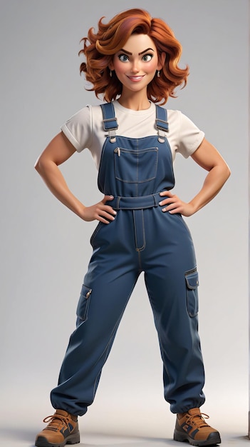 eine Frau in Overalls und Overalls steht neben einem hohen Gebäude