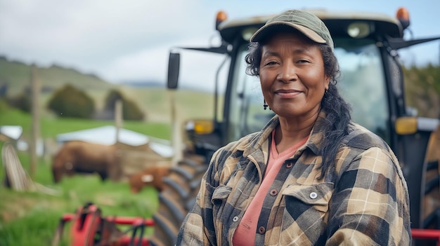 Eine Frau in plaidem Hemd und Hut steht vor einem Traktor