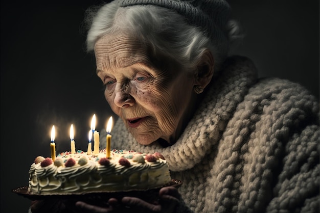Eine Frau in Pullover und Hut hält Kuchen mit generativen KI-Kerzen