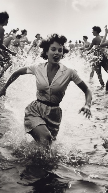 Eine Frau in Rock und Rock rennt durch eine Wasserrutsche.
