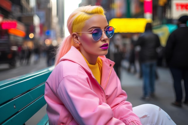 Eine Frau in rosa Jacke und rosa Sonnenbrille sitzt auf einer Bank vor einer belebten Straße.