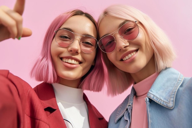 Eine Frau in rosa Jacke und Sonnenbrille posiert mit einer Freundin.
