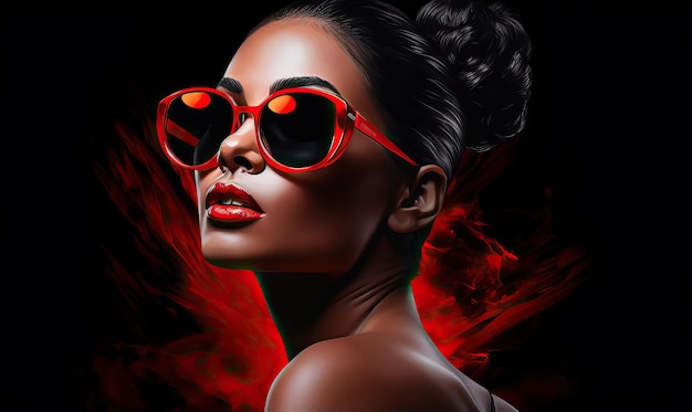 Eine Frau in Rot und Sonnenbrille posiert vor einem schwarzen Hintergrund im Stil eines Promi-Bildes