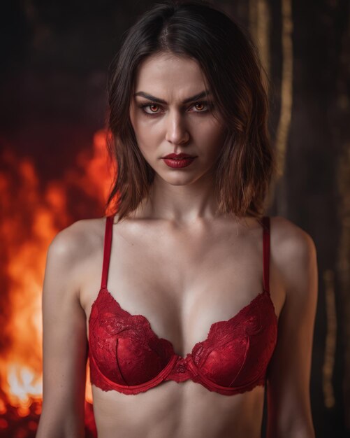Eine Frau in roter Unterwäsche steht vor einem Feuer