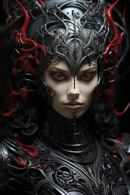 eine Frau in Schwarz mit einem bösen Gesicht im Stil detaillierter Science-Fiction-Illustrationen