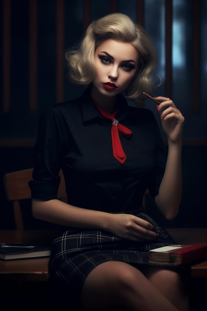 Foto eine frau in schwarzem hemd und roter krawatte sitzt auf einem tisch in einem dunklen raum.
