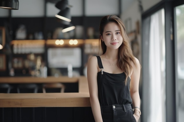 Eine Frau in schwarzem Top und Jeans steht in einem Café.