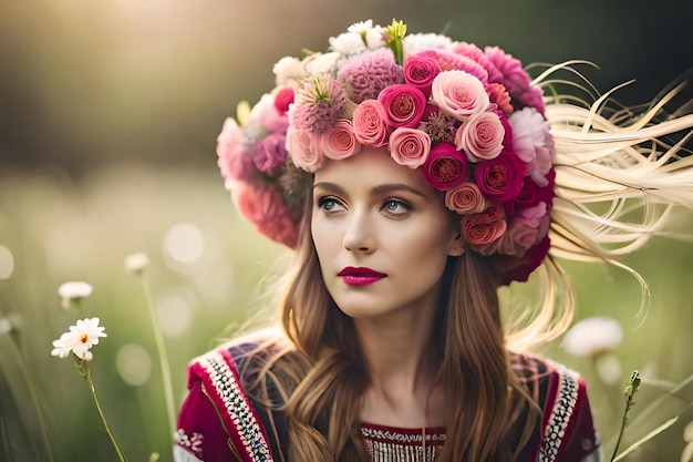 eine Frau in Tracht mit Blumenhut und dem Wort „wild“ auf der Vorderseite.