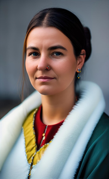 Eine Frau in traditioneller Kleidung mit Kragen und einem Ring an der Nase.