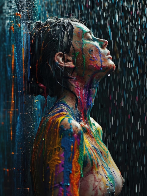 Eine Frau in voller Länge unter Regentropfen mehrfarbiger Farbe