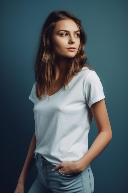 Eine Frau in weißem Hemd und Jeans steht vor einer blauen Wand.