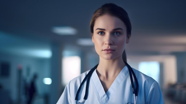 Eine Frau in weißer Uniform steht auf einem Krankenhausflur.