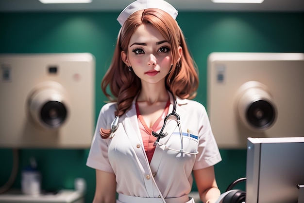 Eine Frau in weißer Uniform und mit einem Stethoskop um den Hals steht vor Waschmaschinen.