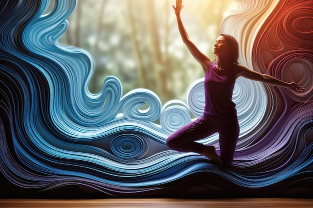 Eine Frau in Yoga-Pose vor einem Hintergrund aus blauen und weißen Wellen.