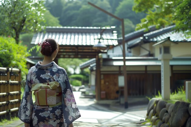 Foto eine frau in yukata geht in richtung des traditionellen onsen-eingangs