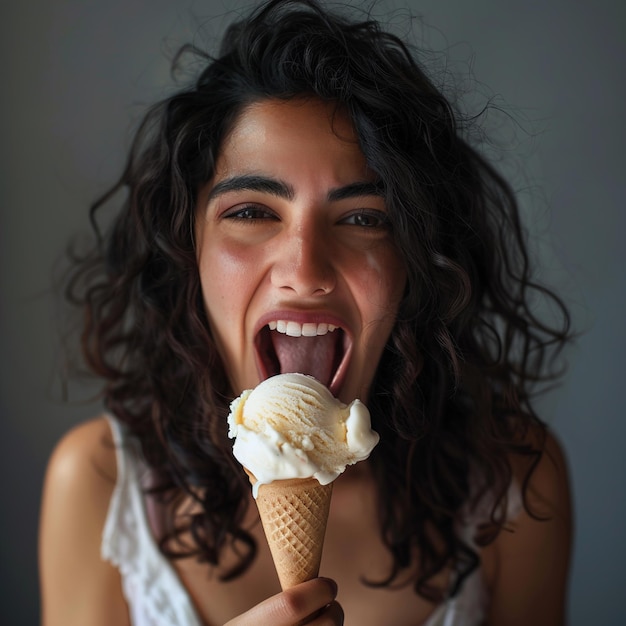 eine Frau isst einen Eiscreme-Kegel mit der Zunge heraus