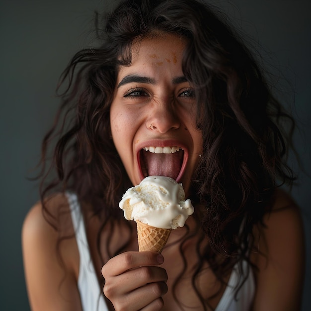 eine Frau isst einen Eiscreme-Kegel mit offenem Mund