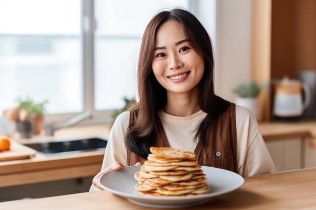 Eine Frau isst Pfannkuchen mit Sirup im Café AI Generative