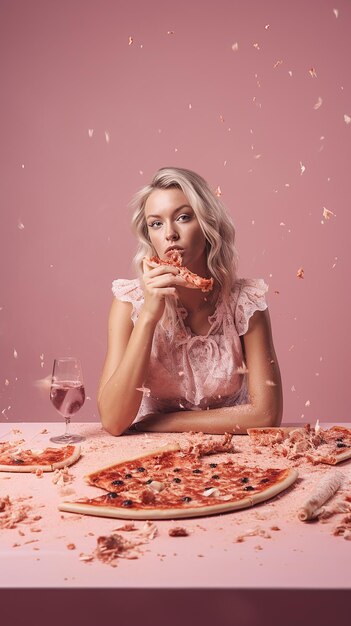 Foto eine frau isst pizza vor einem rosa hintergrund