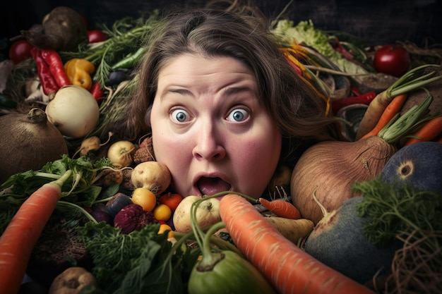 Eine Frau ist von Gemüse umgeben und hat eine große Nase.