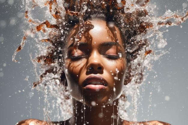 Eine Frau ist von Wasser umgeben und auf ihrem Gesicht steht das Wort „Haare“.
