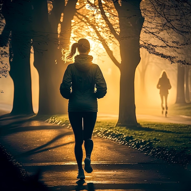 Eine Frau joggt auf einem Weg in einem nebligen Wald.