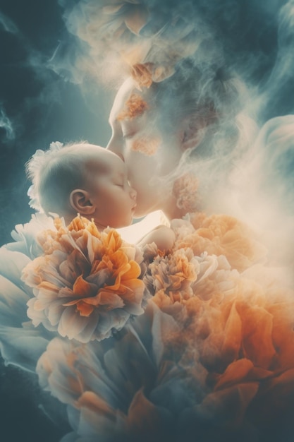 Eine Frau küsst ein Baby in einer Rauchwolke