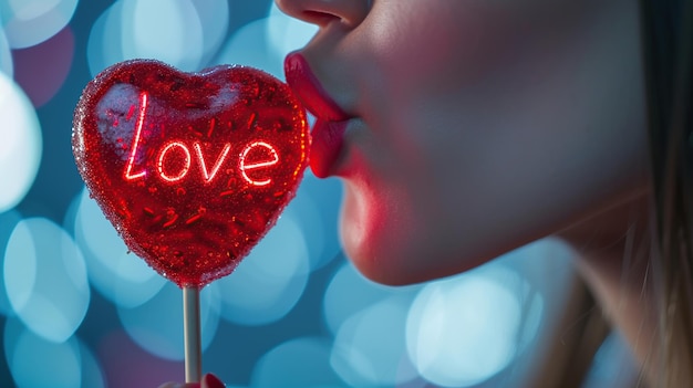 eine Frau küsst einen roten herzförmigen Lollipop mit dem Wort Liebe