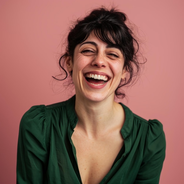 Eine Frau lacht, während sie ein grünes Hemd trägt