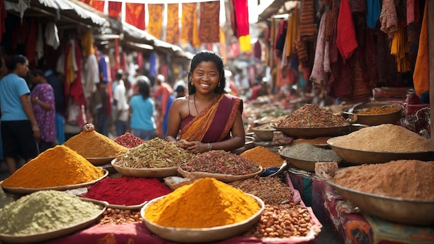 Eine Frau lächelt, als sie vor einem Markt voller Gewürze steht