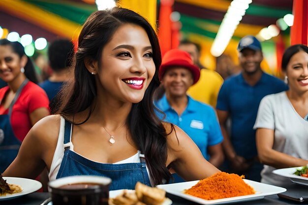 Eine Frau lächelt an einem Tisch, vor ihr steht ein Teller mit Essen.