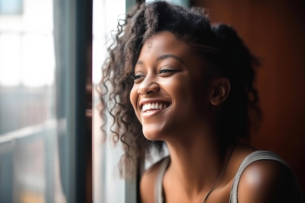 Eine Frau lächelt in die Kamera, während sie aus einem Fenster schaut.