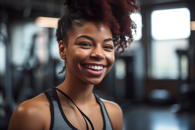 Eine Frau lächelt in einem Fitnessstudio in die Kamera.