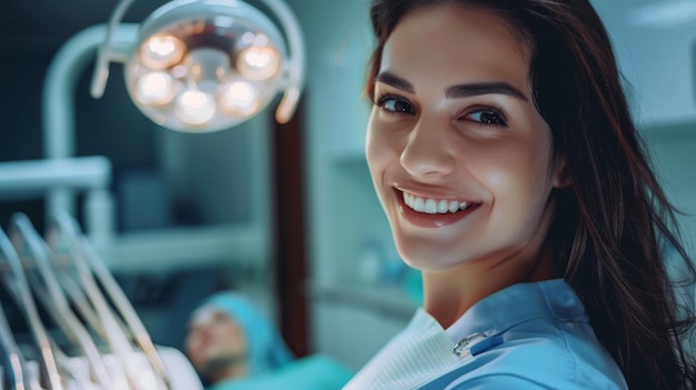 Eine Frau lächelt in einer Zahnarztpraxis