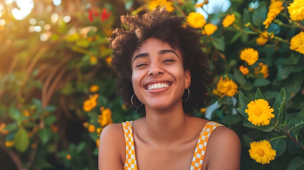 eine Frau lächelt mit einem Bündel gelber Blumen im Hintergrund