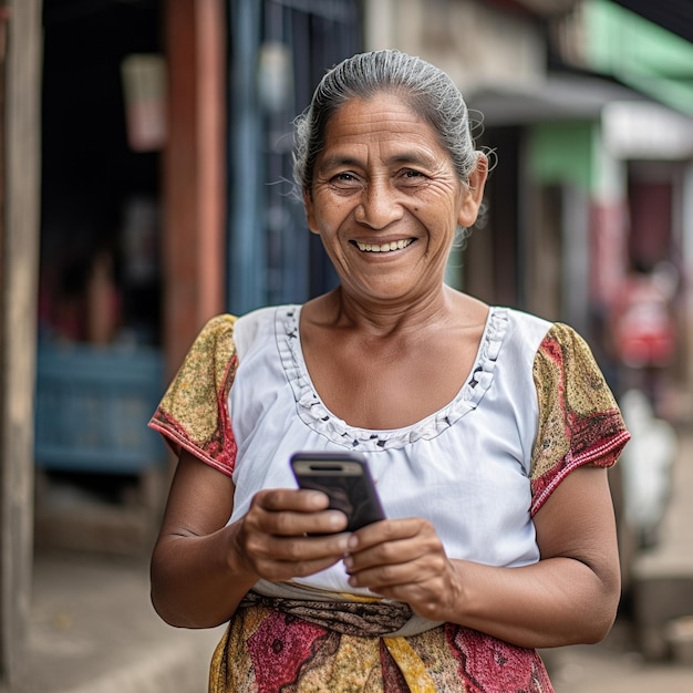 Eine Frau lächelt und hält ein Telefon in der Hand