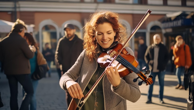 Eine Frau lächelt und hält eine Geige