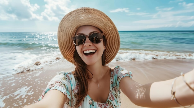 Eine Frau lächelt und trägt einen Strohhut am Strand
