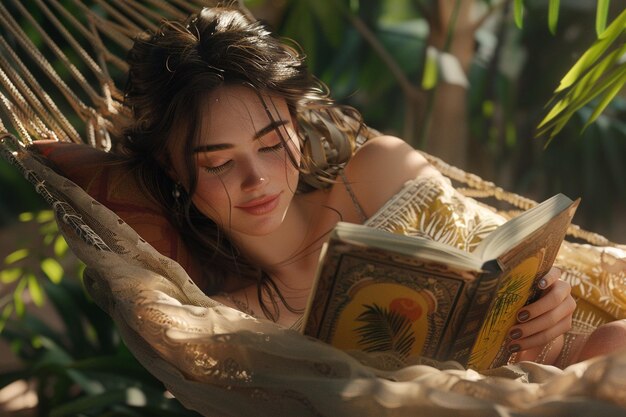 Eine Frau lächelt, während sie ein Buch in einer Hängematte liest.