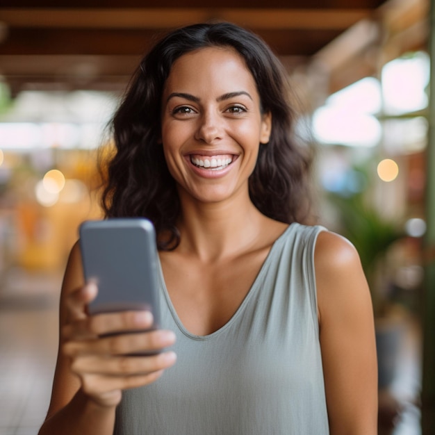 Eine Frau lächelt, während sie ein Telefon in der Hand hält und lächelt